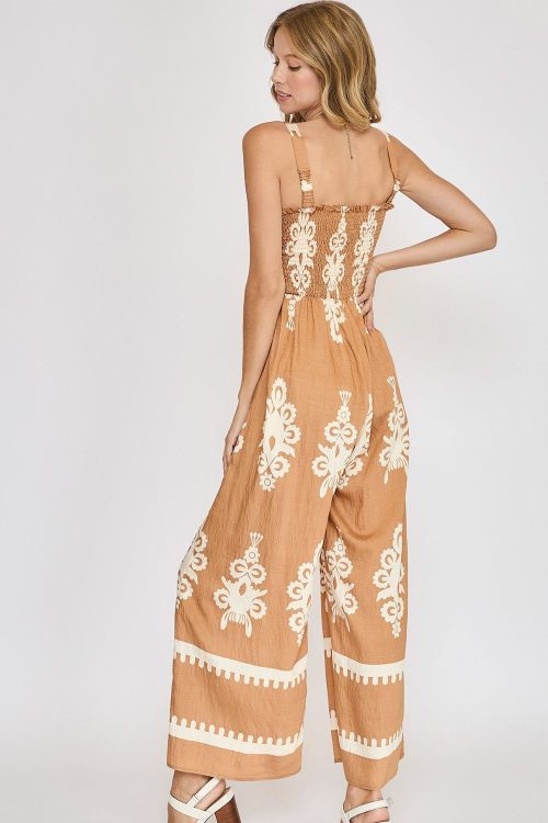 Umgee Full Size Smocked Printed Wide Leg Jumpsuit Plus Size