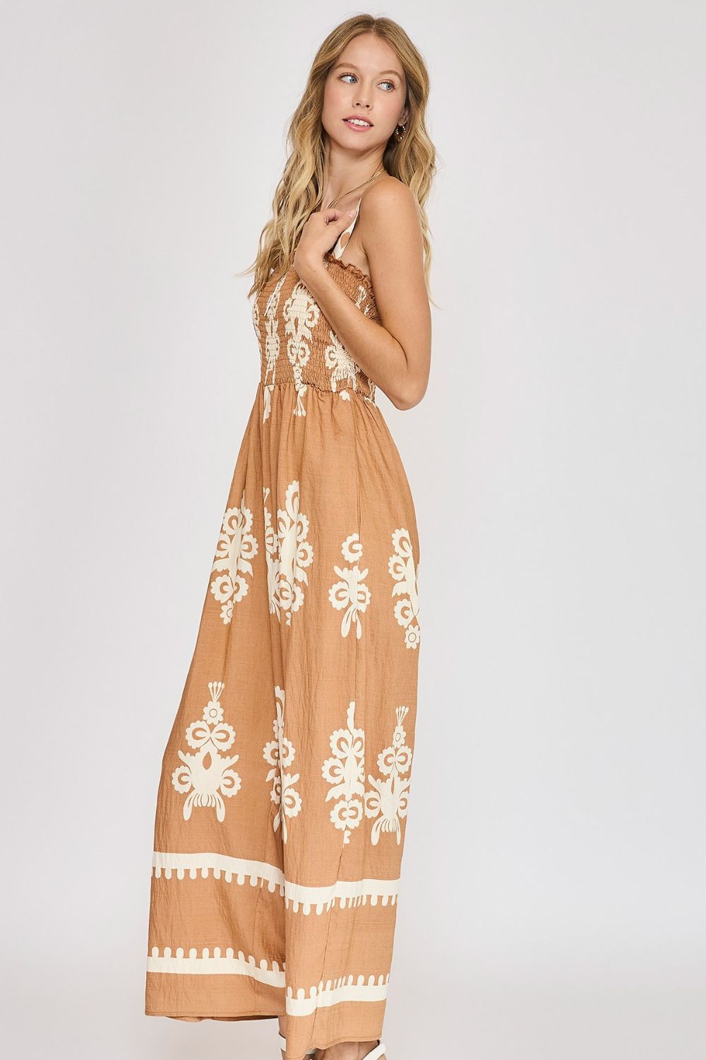 Umgee Full Size Smocked Printed Wide Leg Jumpsuit Plus Size, view 2