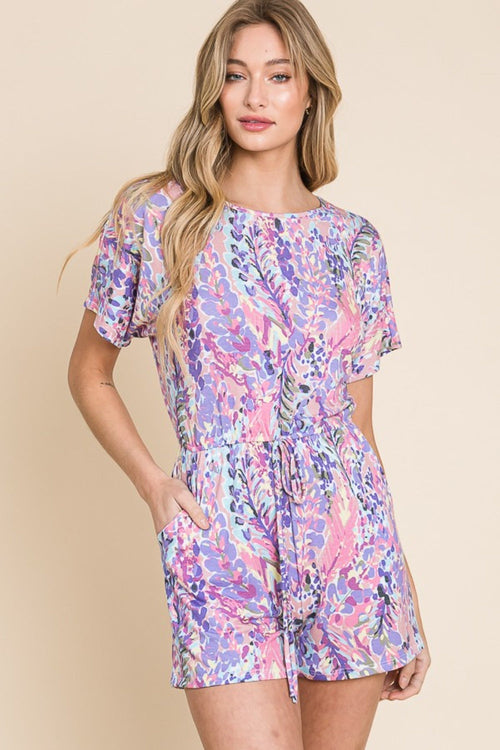 BOMBOM Print Short Sleeve Romper with Pockets, view 4