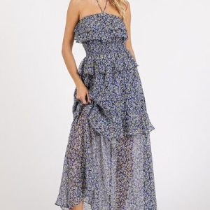 Mittoshop Ruffled Smocked Floral Halter Neck Maxi Dress