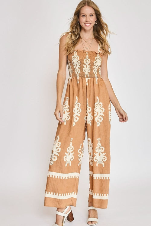 Umgee Full Size Smocked Printed Wide Leg Jumpsuit Plus Size, view 4