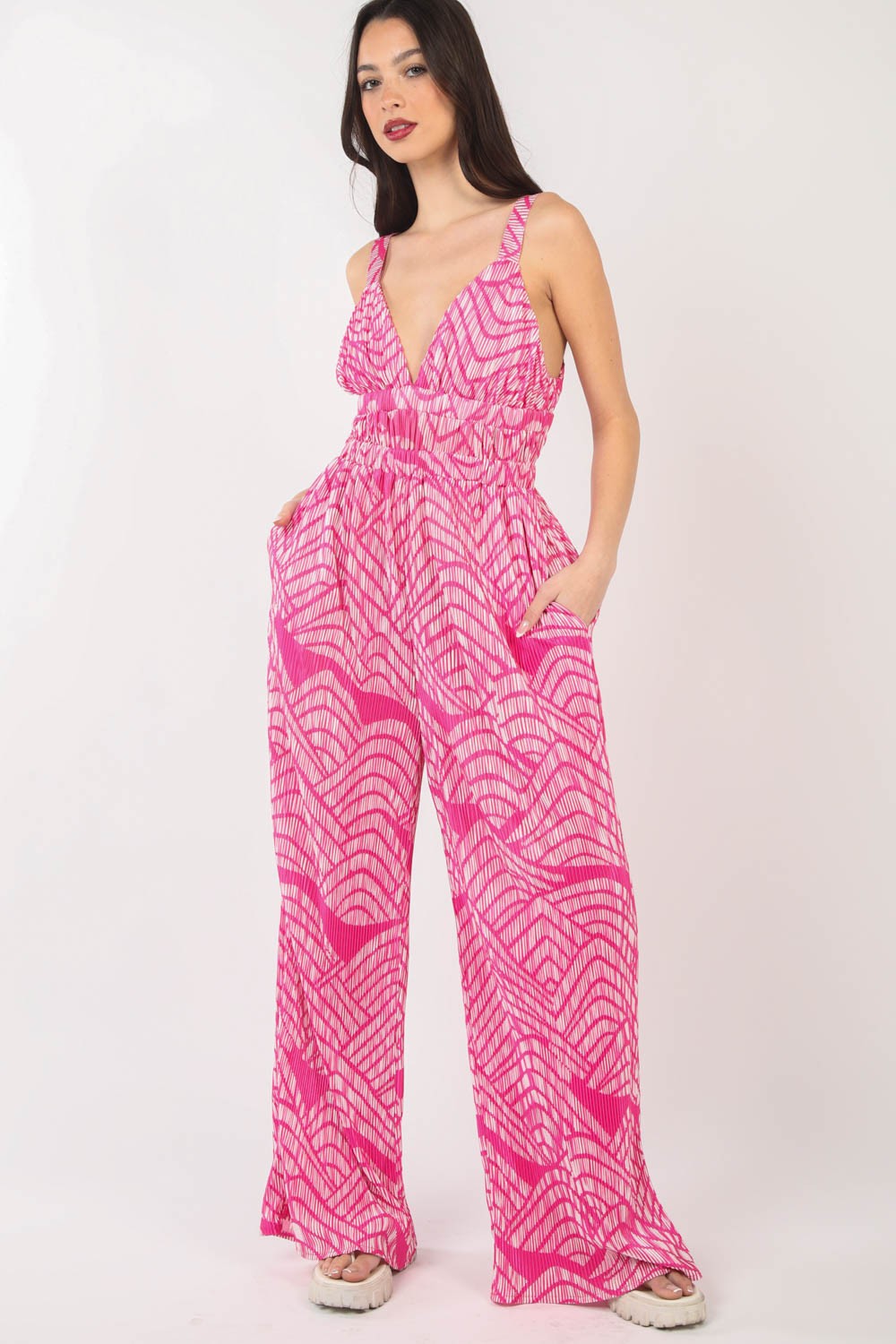 VERY J Printed Pleated Sleeveless Wide Leg Jumpsuit, view 4