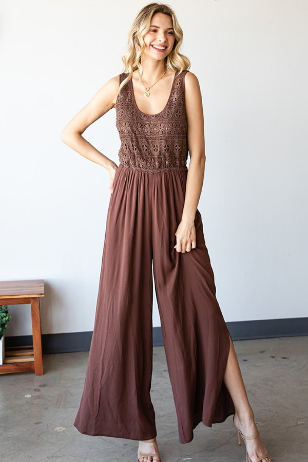 First Love Tie Back Sleeveless Slit Wide Leg Jumpsuit, view 5