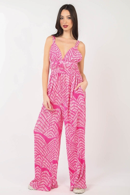 VERY J Printed Pleated Sleeveless Wide Leg Jumpsuit, view 5