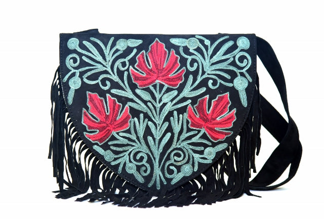 Handmade Green and Red Suede Embroidered Heart Shaped Bag, view 3