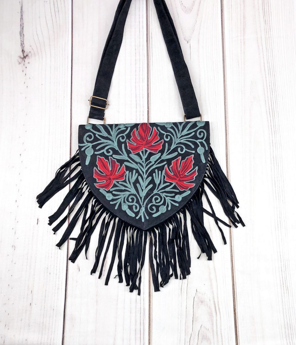 Handmade Green and Red Suede Embroidered Heart Shaped Bag, view 2