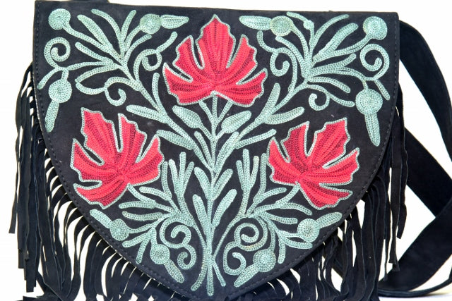Handmade Green and Red Suede Embroidered Heart Shaped Bag, view 4