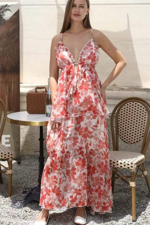 Coral Floral Tiered Chiffon Maxi Dress