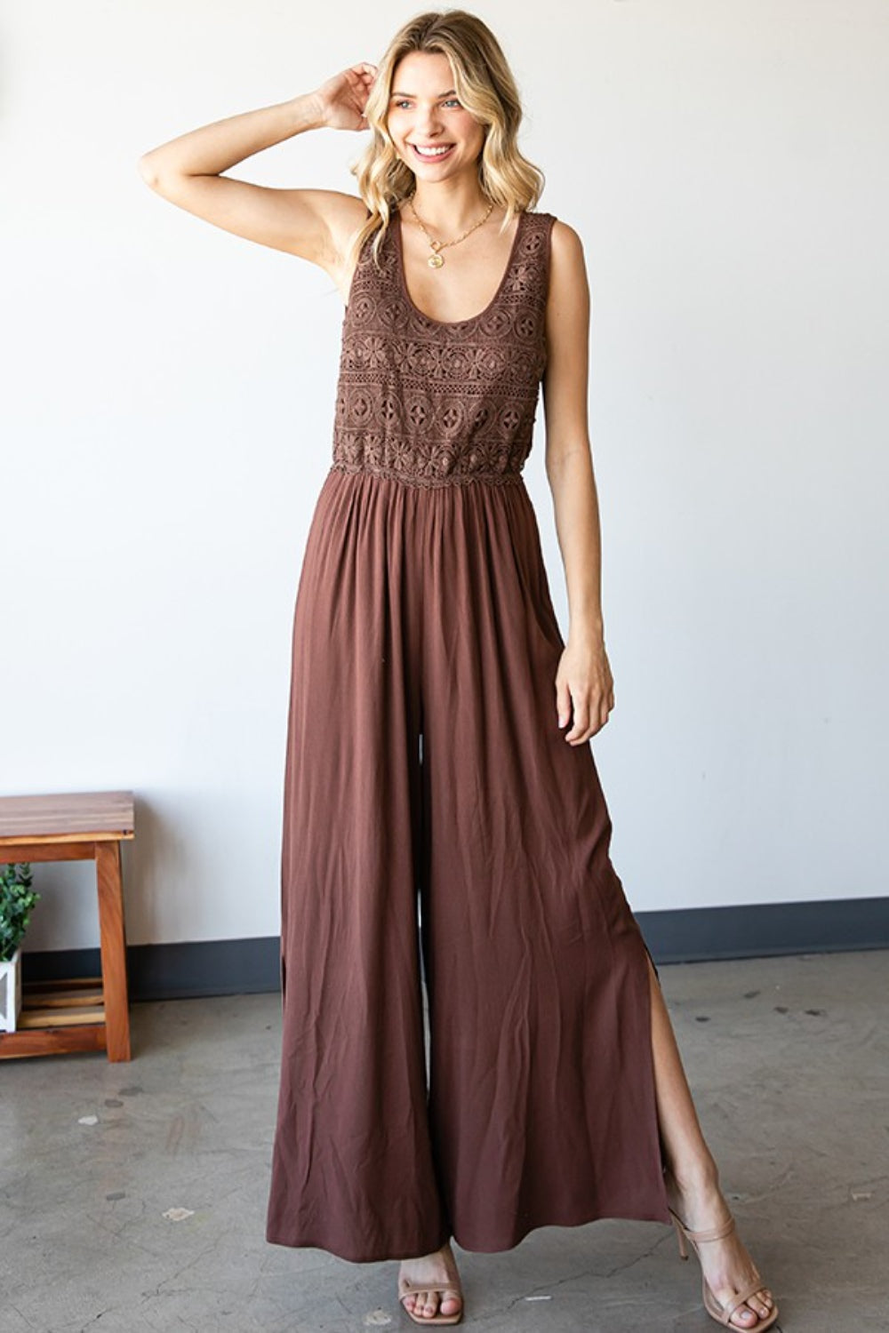 First Love Tie Back Sleeveless Slit Wide Leg Jumpsuit, view 4