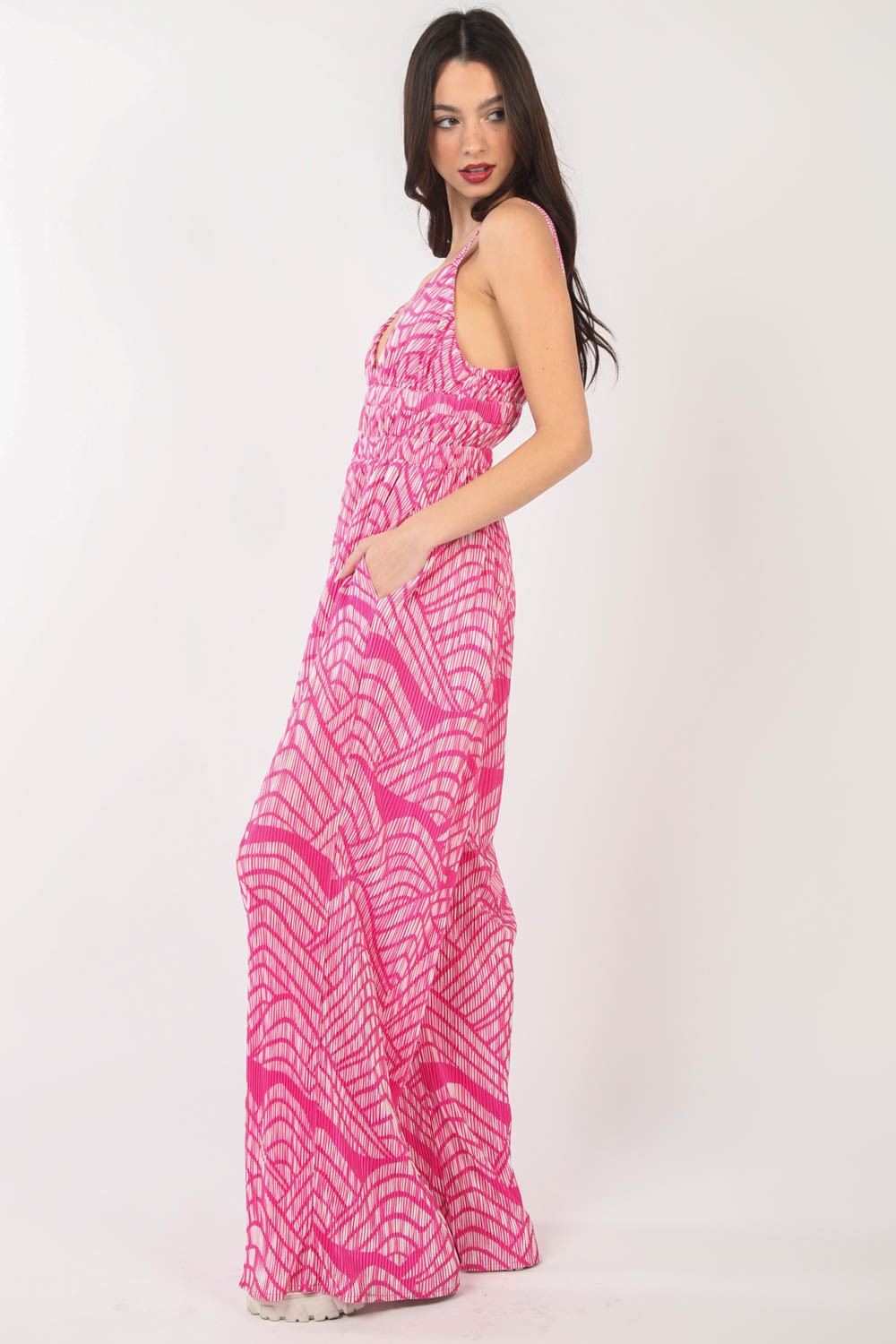 VERY J Printed Pleated Sleeveless Wide Leg Jumpsuit, view 2