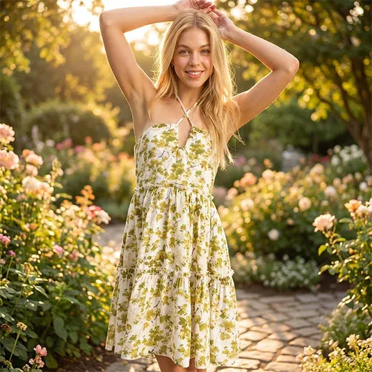 Woman wearing a yellow floral dress in a rose garden