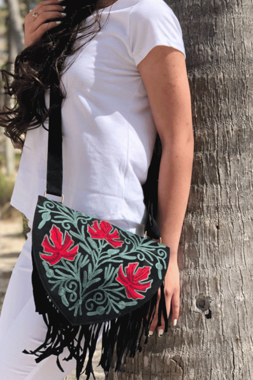 Handmade Green and Red Suede Embroidered Heart Shaped Bag